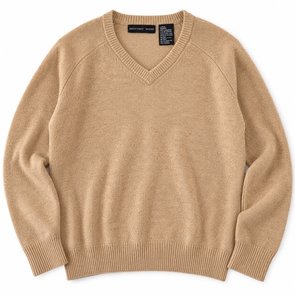 Vintage 100% Lambswool V-Neck Knit Sweater Large Camel Beige Unisex Geoffrey B